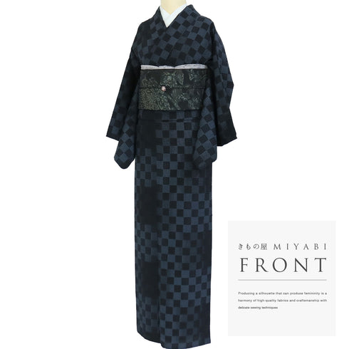 紬 リサイクル 身丈166cm 裄64.8cm 単衣 塩沢絣 市松柄 ネイビー LLサイズ お洒落 カジュアル 証紙 正絹 広衿 Sランク