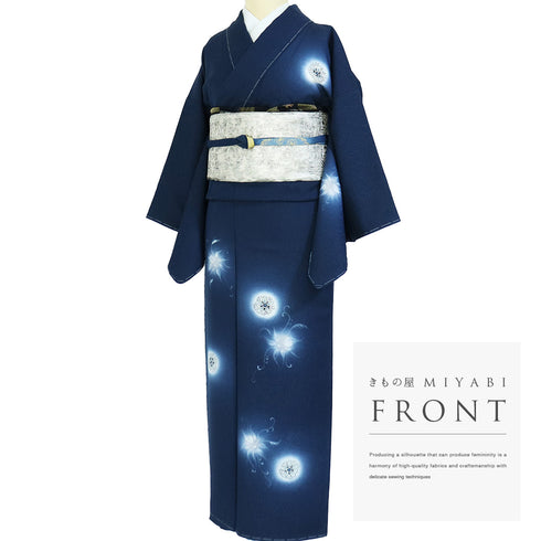 訪問着 リサイクル 身丈148cm 裄62.2cm 袷 デザイン花柄 地紋 京・綾小路 あうん坊 ネイビー SSサイズ お洒落 正絹 広衿 Sランク
