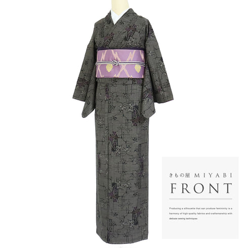 紬 リサイクル 身丈156.2cm 裄65.2cm 袷 草花柄 ブラウン Mサイズ お洒落 カジュアル しつけ糸 正絹 広衿 Sランク