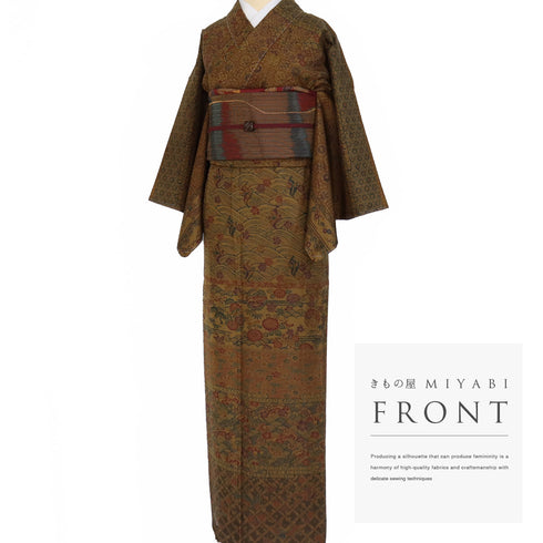 訪問着 リサイクル 身丈152.7cm 裄63.8cm 袷 型染め 青海波や草花柄 織り出し 大島紬 ブラウン Sサイズ お洒落 正絹 広衿 Sランク