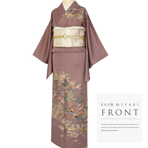 訪問着 リサイクル 身丈156.5cm 裄62.8cm 袷 蘇州刺繍 鴛鴦柄 パープル Mサイズ フォーマル セミフォーマル 落款 しつけ糸 正絹 広衿 Sランク