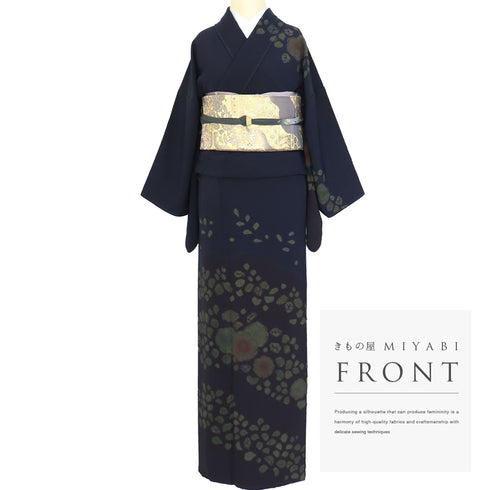 訪問着 リサイクル 裄66.2cm 袷 辻ヶ花風模様 絞り ネイビー Lサイズ お洒落 正絹 広衿 Sランク