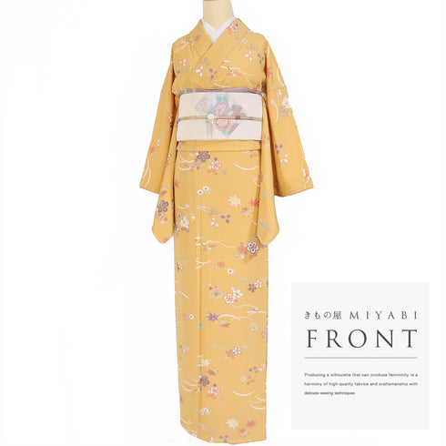 小紋 リサイクル 身丈164.5cm 裄66.4cm 袷 花や鳥柄 オレンジ Lサイズ お洒落 カジュアル 正絹 広衿 Sランク