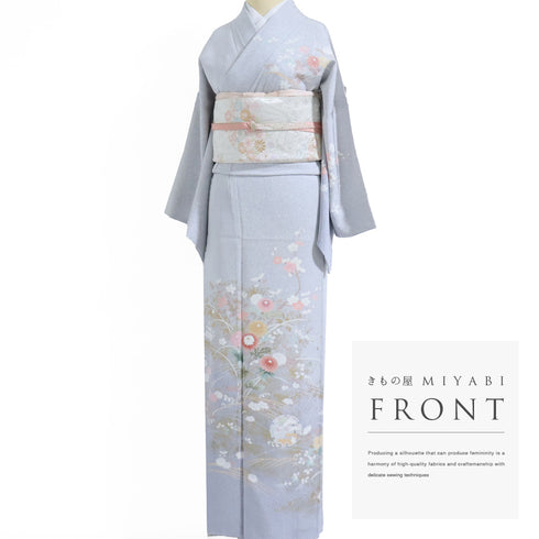 訪問着 リサイクル 身丈163.5cm 裄68.2cm 袷 菊柄 グレー Lサイズ セミフォーマル お洒落 正絹 広衿 Sランク