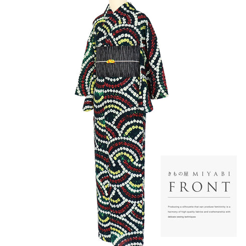 浴衣 リサイクル 夏着物 身丈153cm 裄62.8cm 夏物 絞り 青海波柄 グリーン Sサイズ カジュアル 木綿 洗える着物 バチ衿 Sランク