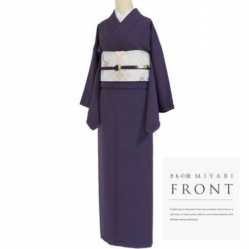 色無地 リサイクル 身丈158.2cm 裄66cm 袷 パープル Mサイズ セミフォーマル お洒落 一つ紋 しつけ糸 正絹 広衿 地紋なし Sランク