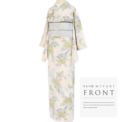 小紋 リサイクル 身丈155.5cm 裄62.4cm 袷 地紋色彩 花柄 ベージュ Mサイズ お洒落 カジュアル 正絹 広衿 Aランク