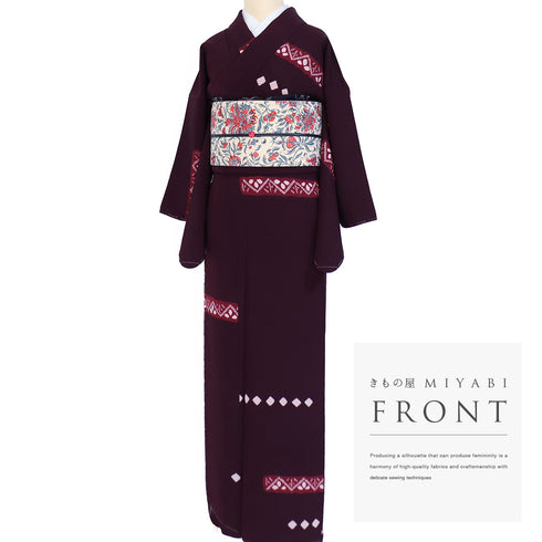 小紋 リサイクル 身丈158.8cm 裄64.4cm 袷 部分絞り柄 パールトーン加工 パープル Mサイズ お洒落 カジュアル 正絹 広衿 Sランク