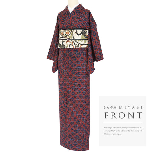 紬 リサイクル 身丈156cm 裄62.8cm 袷 格子紬に巻き上げ絞り柄 多色 Mサイズ お洒落 カジュアル 正絹 広衿 Sランク