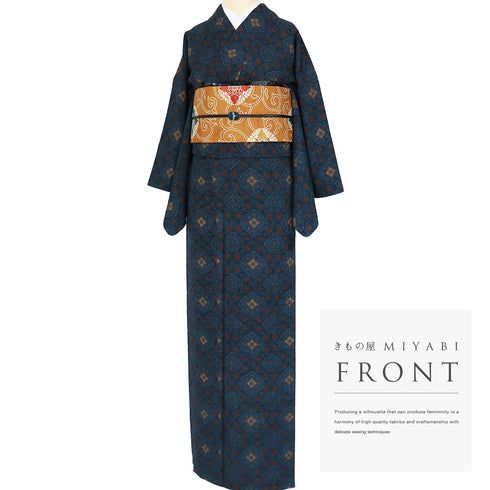 紬 リサイクル 身丈163.5cm 裄64.6cm 袷 幾何学柄 ネイビー Lサイズ お洒落 カジュアル 正絹 広衿 Sランク