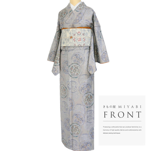 紬 リサイクル 身丈161.5cm 裄64.8cm 袷 絵皿柄 グレー Lサイズ お洒落 カジュアル 正絹 広衿 Sランク