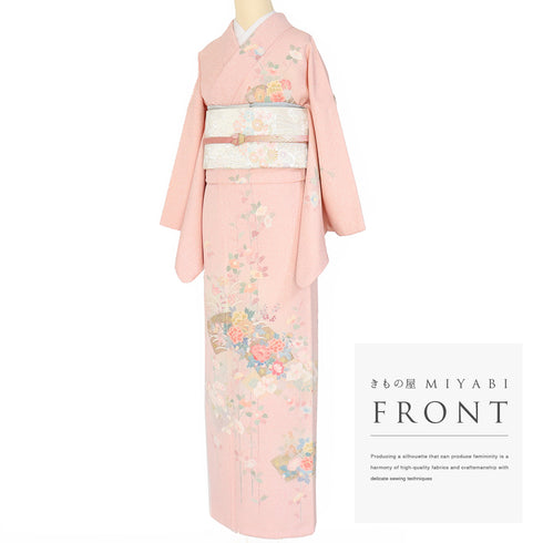 訪問着 リサイクル 身丈162.3cm 裄67.4cm 袷 地紙に牡丹柄 ピンク Lサイズ フォーマル セミフォーマル 落款 正絹 広衿 Sランク