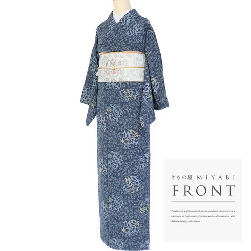 小紋 リサイクル 身丈155cm 裄64.6cm 袷 たたきに蔓草花模様 ブルー Sサイズ お洒落 カジュアル 正絹 広衿 Sランク