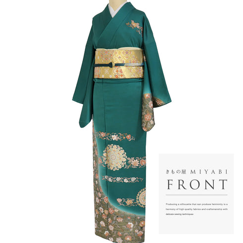 訪問着 リサイクル 身丈162.7cm 裄68.4cm 袷 華文柄 花唐草柄 箔 地紋 グリーン Lサイズ セミフォーマル 正絹 広衿 Sランク