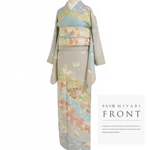 訪問着 リサイクル 身丈162.4cm 裄66.4cm 袷 七宝や菊柄など 金駒刺繍 パールトーン加工 多色 Lサイズ セミフォーマル 一つ紋 正絹 広衿 Sランク