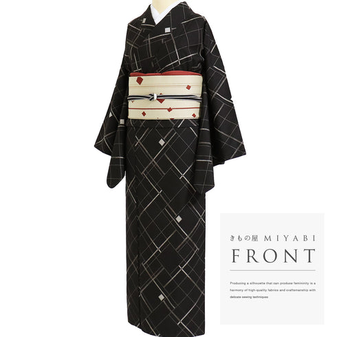 紬 リサイクル 身丈164cm 裄67.6cm 袷 幾何学柄 ブラック Lサイズ カジュアル お洒落 正絹 広衿 Sランク