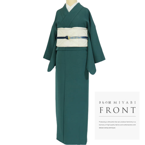 色無地 リサイクル 身丈153.5cm 裄63cm 袷 グリーン Sサイズ セミフォーマル 一つ紋 正絹 広衿 地紋なし Sランク