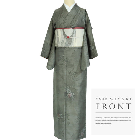 大島紬 リサイクル 身丈156.5cm 裄63.6cm 袷 花柄 グリーン Mサイズ お洒落 カジュアル しつけ糸 正絹 広衿 Sランク