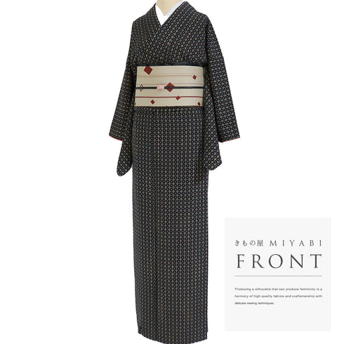 小紋 リサイクル 身丈155.7cm 裄63.2cm 袷 小花柄 ブラック Mサイズ お洒落 カジュアル 正絹 広衿 Sランク