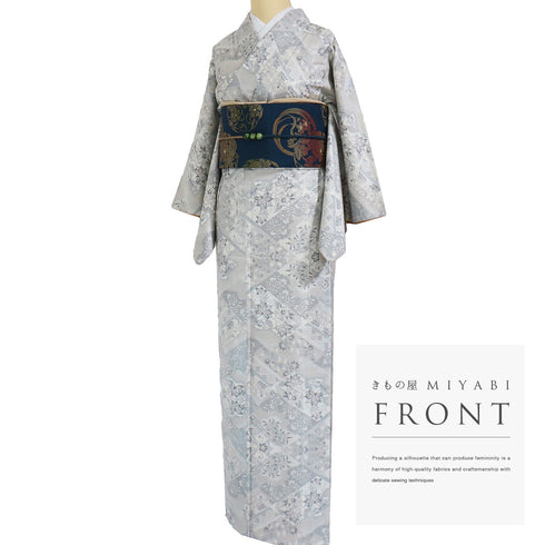 紬 リサイクル 身丈152.3cm 裄62.8cm 袷 デザイン菱模様 草花柄 グレー Sサイズ お洒落 カジュアル 正絹 広衿 Aランク