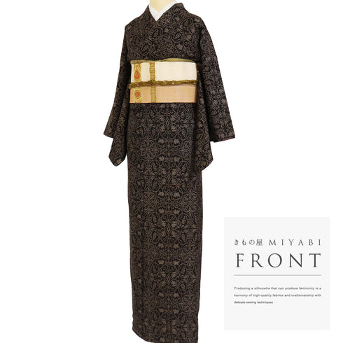 紬 リサイクル 身丈163cm 裄64.8cm 袷 葡萄唐草柄 ブラウン Lサイズ お洒落 カジュアル しつけ糸 正絹 広衿 Sランク