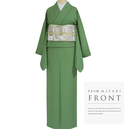 色無地 リサイクル 身丈167.5cm 裄66.8cm 袷 グリーン LLサイズ フォーマル セミフォーマル 一つ紋 正絹 広衿 地紋あり Sランク