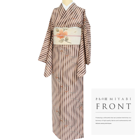 小紋 リサイクル 身丈161cm 裄70cm 単衣 縞柄 花柄 ブラウン Lサイズ お洒落 カジュアル ポリエステル 洗える着物 バチ衿 Sランク