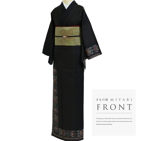 付下げ リサイクル 身丈162cm 裄64.6cm 袷 付下げ訪問着 紬 汕頭刺繍 相良刺繍 オリエンタル柄 ブラック Lサイズ お洒落 正絹 広衿 Sランク