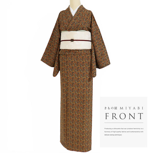 小紋 リサイクル 身丈155cm 裄67cm 袷 小花柄 ブラウン Sサイズ カジュアル 正絹 広衿 Aランク