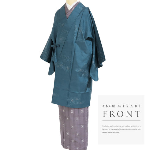 道中着 リサイクル 身丈99cm 裄66.2cm 袷 着物衿 エ霞に花柄 ブルー Mサイズ カジュアル 正絹 Sランク