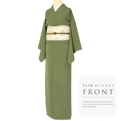 色無地 リサイクル 身丈160cm 裄63.6cm 袷 ちりめん グリーン Mサイズ お洒落 しつけ糸 正絹 広衿 Sランク