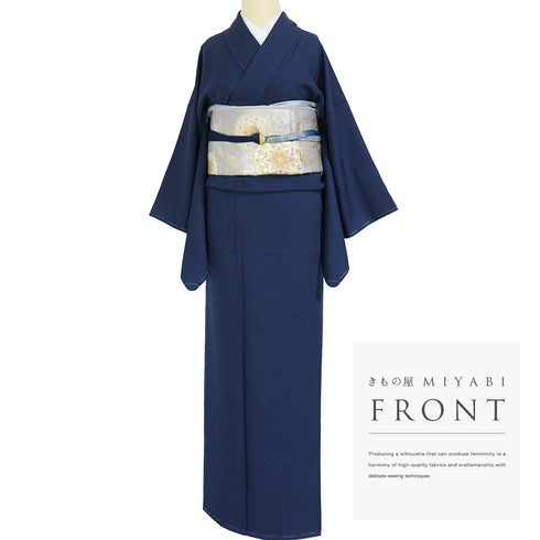 色無地 リサイクル 身丈165cm 裄64.4cm 袷 ネイビー Lサイズ セミフォーマル 一つ紋 しつけ糸 正絹 広衿 地紋あり Sランク