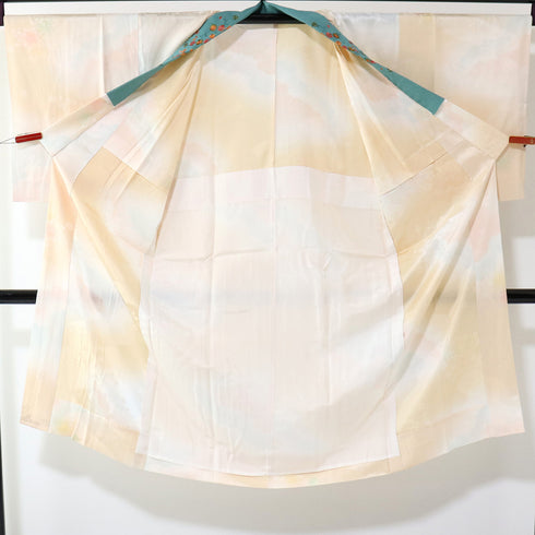 長襦袢 リサイクル 長襦袢 身丈127.5cm 裄68.8cm 袷 牡丹柄 地紋 刺繍半衿 後身頃居敷当て付き ぼかし オレンジ LLサイズ 正絹 袖無双 Sランク