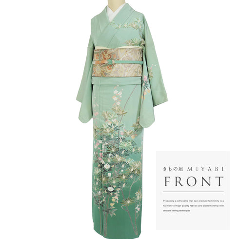訪問着 リサイクル 身丈162.7cm 裄66.4cm 袷 若松模様 花柄 グリーン Lサイズ セミフォーマル 落款 一つ紋 しつけ糸 正絹 広衿 Aランク
