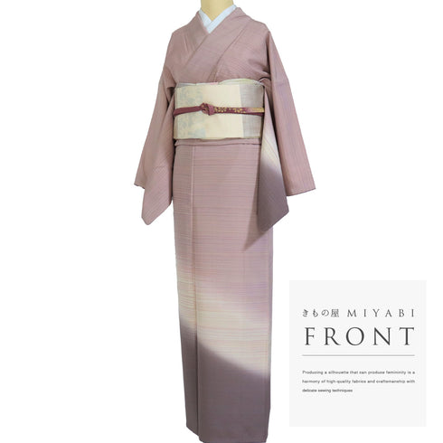 付下げ リサイクル 身丈156.8cm 裄66cm 袷 紬 横縞模様 染め パールトーン加工 ピンク Mサイズ お洒落 カジュアル 正絹 広衿 Aランク