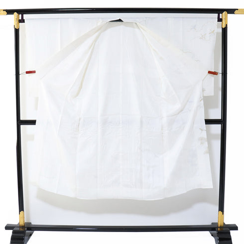 長襦袢 リサイクル 長襦袢 身丈133cm 裄66.8cm 袷 絵羽柄 半衿なし 鶴や松柄 地紋 ホワイト Lサイズ フォーマル 正絹 Aランク