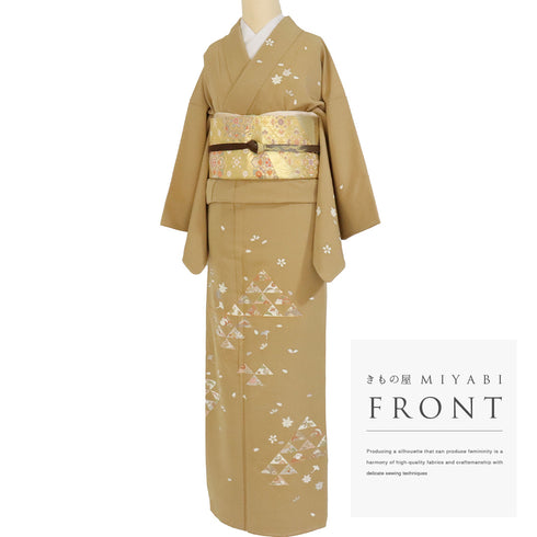 訪問着 身丈161.5cm 裄64.4cm 袷 うろこに宝尽くし柄 金駒刺繍 箔 パールトーン加工 ブラウン Lサイズ セミフォーマル しつけ糸 正絹 広衿 Sランク