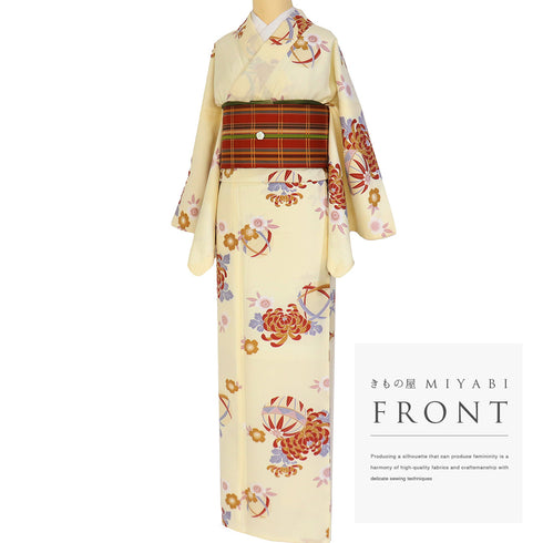 小紋 リサイクル 身丈165.8cm 裄67.5cm 袷 手毬に菊模様 ベージュ LLサイズ お洒落 カジュアル ポリエステル 広衿 Aランク