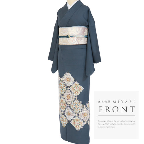 色留袖 リサイクル 身丈163cm 裄66.6cm 袷 華文に唐花柄 箔 金駒刺繍 ネイビー Lサイズ セミフォーマル 落款 一つ紋 正絹 広衿 Sランク