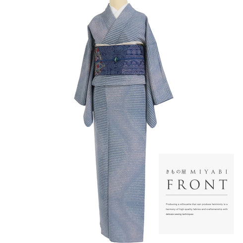 小紋 リサイクル 身丈155.5cm 裄64.6cm 袷 横縞ボカシ たたき ブルー Mサイズ お洒落 正絹 広衿 Sランク