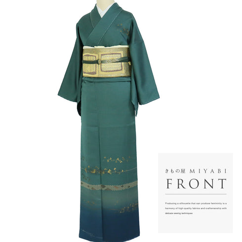 訪問着 リサイクル 身丈156.5cm 裄64.8cm 袷 箔 花や菱型模様 刺繍 グリーン Mサイズ お洒落 正絹 広衿 Aランク