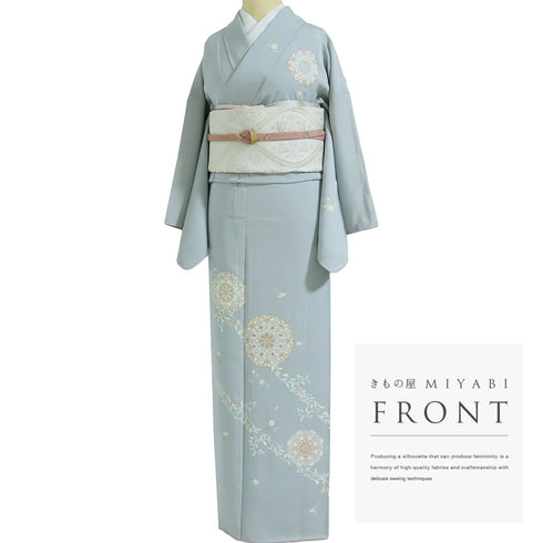 付下げ リサイクル 身丈170cm 裄66.8cm 袷 華紋柄 刺繍 箔 ブルー LLサイズ お洒落 正絹 広衿 Sランク