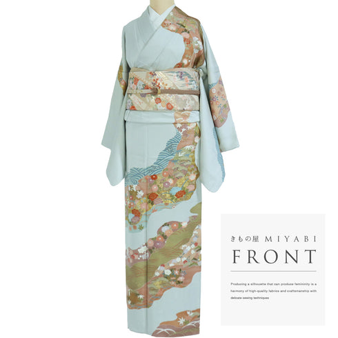 訪問着 リサイクル 身丈159.2cm 裄68.4cm 袷 牡丹に花丸柄 金駒刺繍 箔 ブルー Mサイズ セミフォーマル 正絹 広衿 Aランク