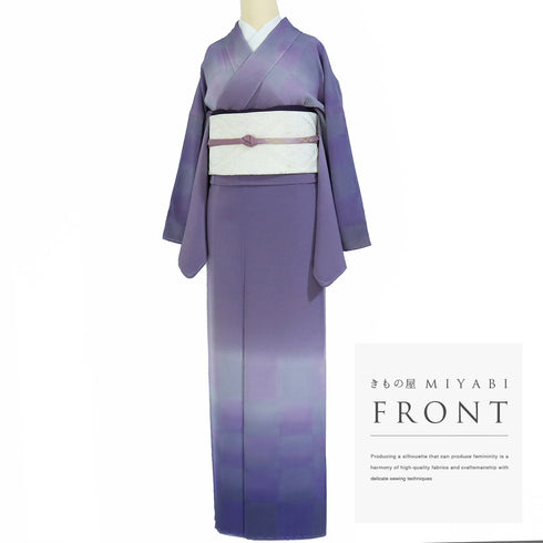 訪問着 リサイクル 身丈160cm 裄69cm 袷 ぼかし市松柄 パープル Mサイズ お洒落 正絹 広衿 Sランク