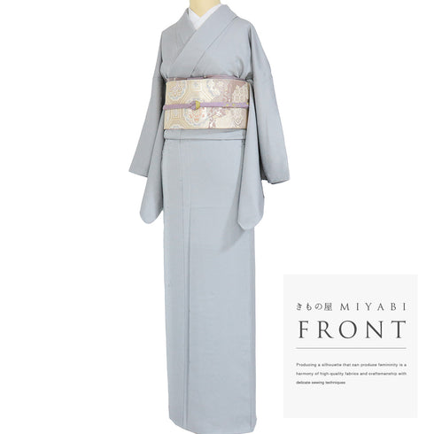 色無地 リサイクル 身丈162.2cm 裄67.2cm 袷 グレー Lサイズ フォーマル お洒落 三つ紋 しつけ糸 正絹 広衿 地紋あり Sランク