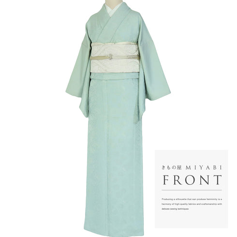 訪問着 リサイクル 身丈158.7cm 裄64cm 袷 無地 花柄地紋 絵羽 平和屋 光琳 グリーン Mサイズ セミフォーマル お洒落 一つ紋 正絹 広衿 Sランク