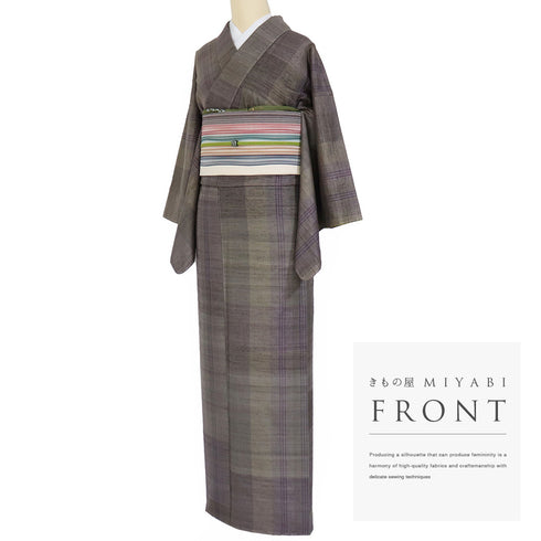 紬 リサイクル 身丈159.5cm 裄63.6cm 袷 デザイン縞柄 多色 Mサイズ カジュアル お洒落 正絹 広衿 Aランク