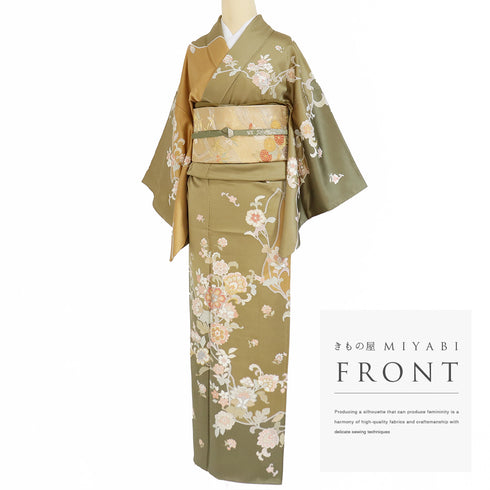 訪問着 リサイクル 身丈149cm 裄62.4cm 袷 花唐草模様 刺繍 金駒 ブラウン SSサイズ セミフォーマル 落款 一つ紋 正絹 広衿 Sランク