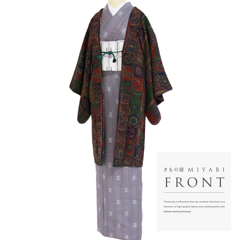 羽織 リサイクル 身丈94.3cm 裄62.4cm 袷 小紋柄 多色 SSサイズ カジュアル お洒落 しつけ糸 正絹 Sランク