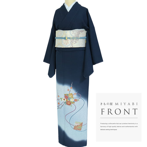 付下げ リサイクル 身丈165.8cm 裄66.6cm 袷 色紙に菊や梅柄 箔 松井青々 ネイビー LLサイズ お洒落 落款 しつけ糸 正絹 広衿 Sランク